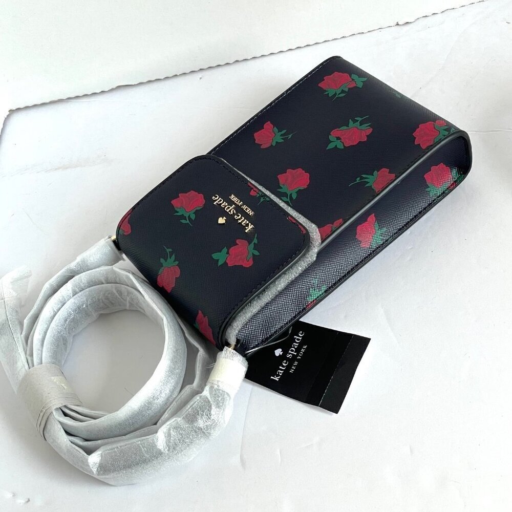 Kate Spade Madison Phone Crossbody Black Rose Toss Leather Bag NWT - Picture 5 of 8